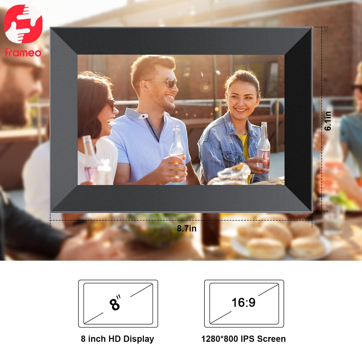8 Inch Digital Photo Frame WiFi with1280*800 IPS LCD, Built-in 16GB Storage, Auto Rotate