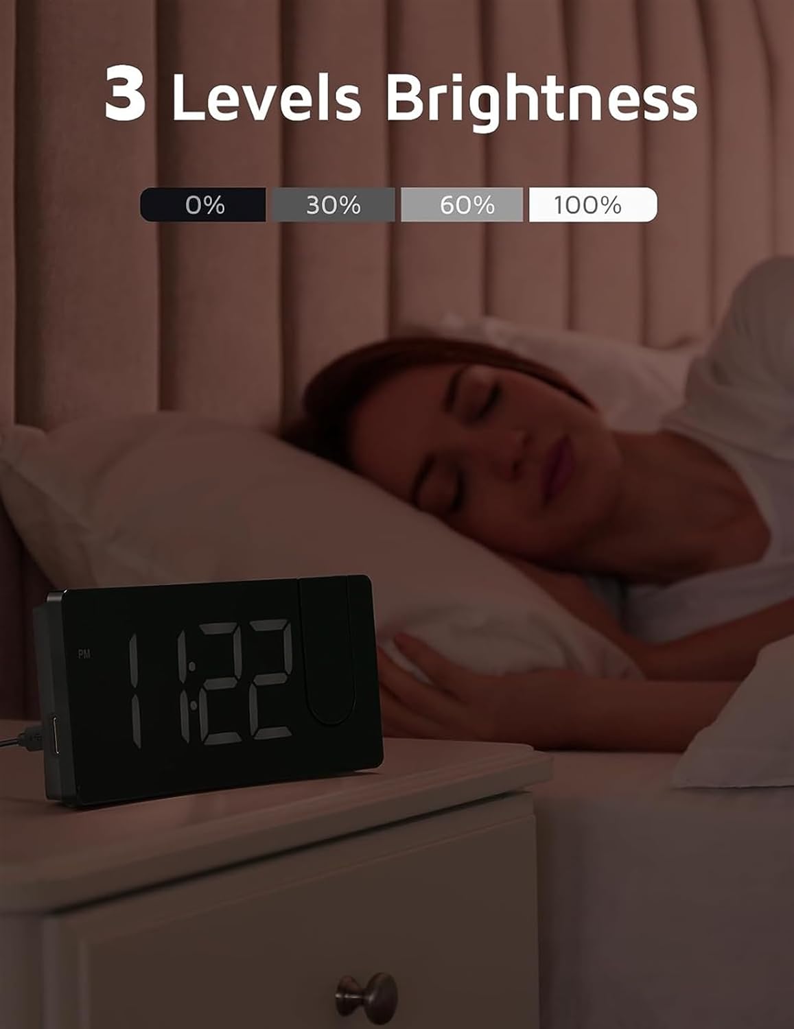 Digital Alarm  Clock with 180° Rotatable Projector, 3-Level Brightness Dimmer, Clear LED Display